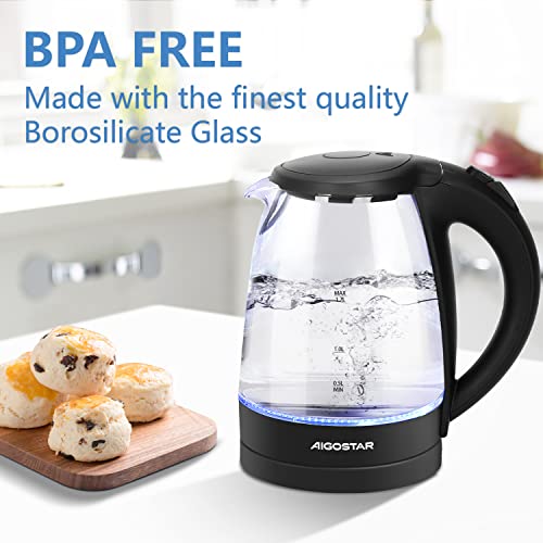 Aigostar Adam 30KHH - Glass Water Kettle with LED Lighting, 2200 Watts, 1.7 Liter, Boil-dry Protection, BPA Free, Black