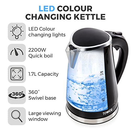 Tower T10012 LED Colour Changing Kettle, 1.7L, 2200W, Black