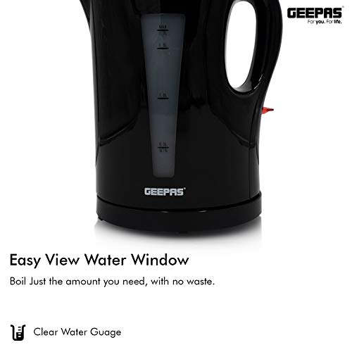 Geepas Electric Kettle, 2200W | Boil Dry Protection & Auto Shut Off | 1.7L Cordless Fast Boil Jug Kettle for Hot Water Tea or Coffee | Swivel Base with Manual Lid Open | 2 Year Warranty