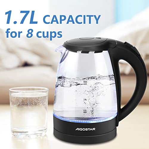 Aigostar Adam 30KHH - Glass Water Kettle with LED Lighting, 2200 Watts, 1.7 Liter, Boil-dry Protection, BPA Free, Black