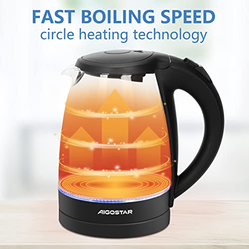 Aigostar Adam 30KHH - Glass Water Kettle with LED Lighting, 2200 Watts, 1.7 Liter, Boil-dry Protection, BPA Free, Black