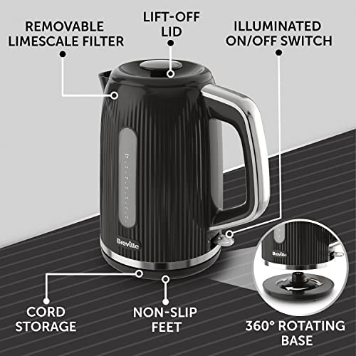 Breville Bold Black Electric Kettle | 1.7L | 3kW Fast Boil | Black & Silver Chrome [VKT221]