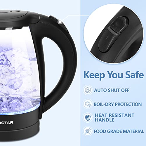Aigostar Adam 30KHH - Glass Water Kettle with LED Lighting, 2200 Watts, 1.7 Liter, Boil-dry Protection, BPA Free, Black