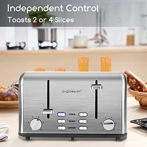 Aigostar Toaster 4 Slice Stainless Steel Toaster with Independent and Extra-Wide Slots, High Lifting, Defrost & Reheat Functions, Variable Browning Settings, Silver - Gordon 30ZGE