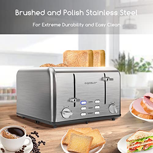 Aigostar Toaster 4 Slice Stainless Steel Toaster with Independent and Extra-Wide Slots, High Lifting, Defrost & Reheat Functions, Variable Browning Settings, Silver - Gordon 30ZGE