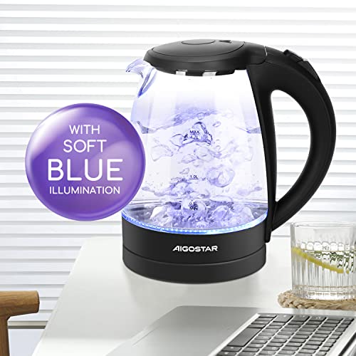 Aigostar Adam 30KHH - Glass Water Kettle with LED Lighting, 2200 Watts, 1.7 Liter, Boil-dry Protection, BPA Free, Black