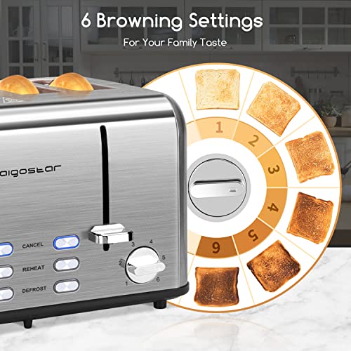 Aigostar Toaster 4 Slice Stainless Steel Toaster with Independent and Extra-Wide Slots, High Lifting, Defrost & Reheat Functions, Variable Browning Settings, Silver - Gordon 30ZGE