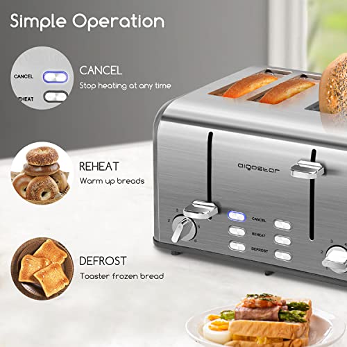 Aigostar Toaster 4 Slice Stainless Steel Toaster with Independent and Extra-Wide Slots, High Lifting, Defrost & Reheat Functions, Variable Browning Settings, Silver - Gordon 30ZGE