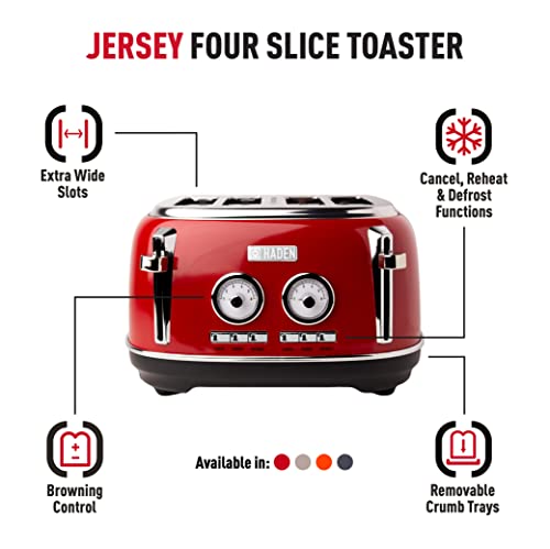 Haden Jersey Red Toaster 4 Slice – Electric Stainless Steel Toaster - Reheat and Defrost Functions - Self Center Function – 1370-1630W, 220-240V, Retro Toaster