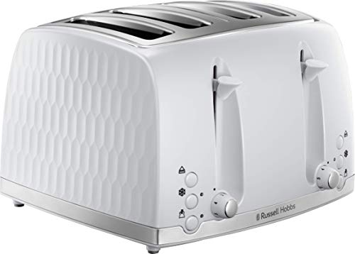 Russell Hobbs 26070 4 Slice Toaster - Contemporary Honeycomb Design with Extra Wide Slots and High Lift Feature, White