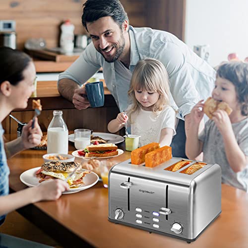 Aigostar Toaster 4 Slice Stainless Steel Toaster with Independent and Extra-Wide Slots, High Lifting, Defrost & Reheat Functions, Variable Browning Settings, Silver - Gordon 30ZGE