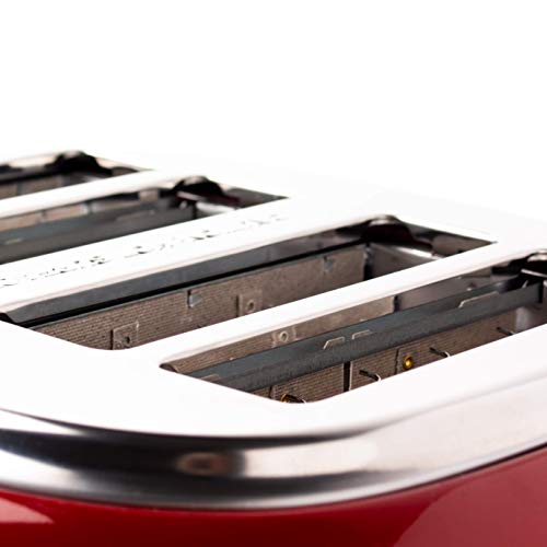 Haden Jersey Red Toaster 4 Slice – Electric Stainless Steel Toaster - Reheat and Defrost Functions - Self Center Function – 1370-1630W, 220-240V, Retro Toaster