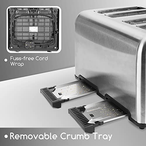 Aigostar Toaster 4 Slice Stainless Steel Toaster with Independent and Extra-Wide Slots, High Lifting, Defrost & Reheat Functions, Variable Browning Settings, Silver - Gordon 30ZGE
