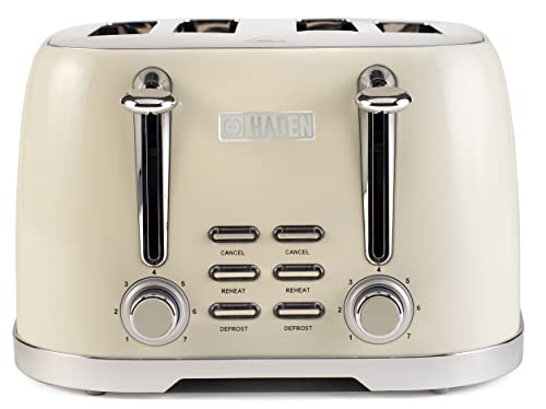 Haden Brighton Cream Toaster 4 Slice - Electric Stainless Steel Toaster - Reheat and Defrost Functions - 6 Variable Browning Controls - Self Centering Function