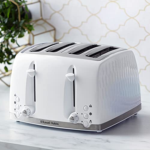 Russell Hobbs 26070 4 Slice Toaster - Contemporary Honeycomb Design with Extra Wide Slots and High Lift Feature, White