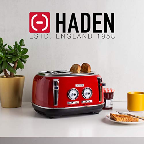 Haden Jersey Red Toaster 4 Slice – Electric Stainless Steel Toaster - Reheat and Defrost Functions - Self Center Function – 1370-1630W, 220-240V, Retro Toaster