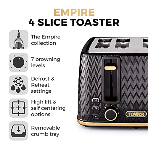 Tower T20061BLK Empire 4-Slice Toaster with Defrost/Reheat, Removable Crumb Trays, 1600W, Black and Brass