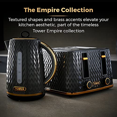 Tower T20061BLK Empire 4-Slice Toaster with Defrost/Reheat, Removable Crumb Trays, 1600W, Black and Brass