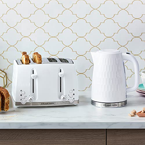 Russell Hobbs 26070 4 Slice Toaster - Contemporary Honeycomb Design with Extra Wide Slots and High Lift Feature, White