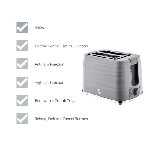 Swan, ST31050GRN, 2 Slice Symphony Toaster, High Gloss and Matt Finish, 930 Watt, Grey, Plastic
