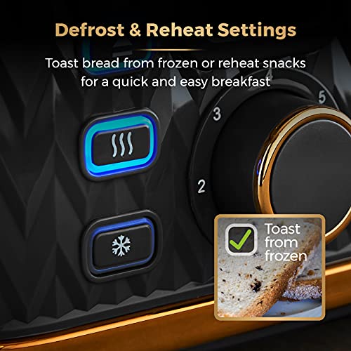 Tower T20061BLK Empire 4-Slice Toaster with Defrost/Reheat, Removable Crumb Trays, 1600W, Black and Brass