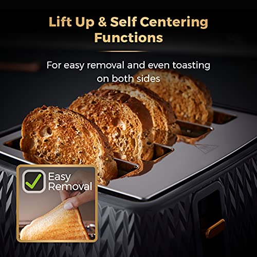 Tower T20061BLK Empire 4-Slice Toaster with Defrost/Reheat, Removable Crumb Trays, 1600W, Black and Brass