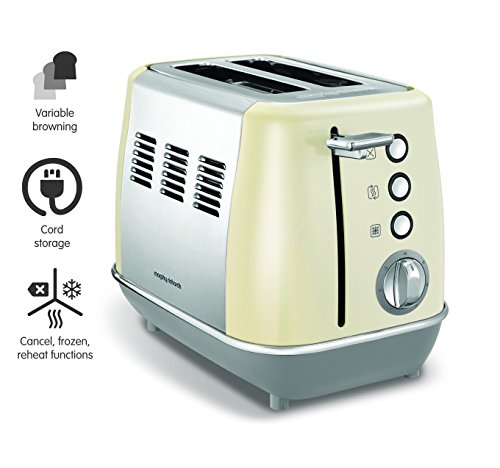 Morphy Richards 224407 Evoke 2 Slice Toaster, 7 Variable Browning Settings, Removable Crumb Tray, Reheat/Frozen/Cancel Function, Wide Slots for Bagels & Crumpets, Neat Cord Storage, Cream