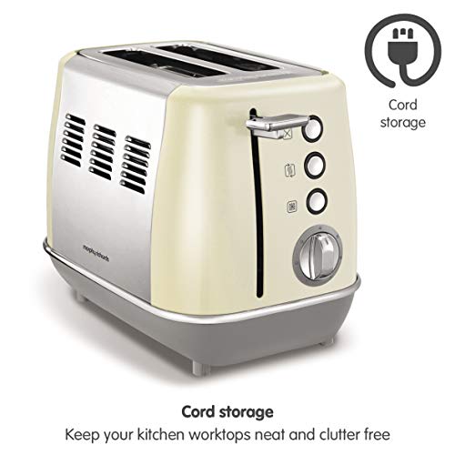 Morphy Richards 224407 Evoke 2 Slice Toaster, 7 Variable Browning Settings, Removable Crumb Tray, Reheat/Frozen/Cancel Function, Wide Slots for Bagels & Crumpets, Neat Cord Storage, Cream