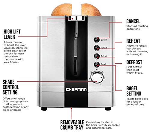 Chefman Stainless Steel 2-Slice Pop Toaster w/ 7 Shade Settings, Extra-Wide Slots for Toasting Bagels, Defrost/Reheat/Cancel Functions, Removable Crumb Tray, Silver, 925 W