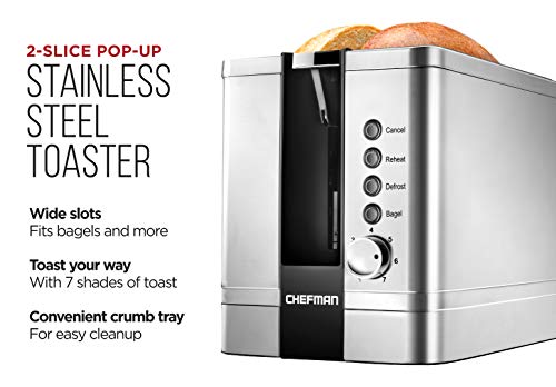Chefman Stainless Steel 2-Slice Pop Toaster w/ 7 Shade Settings, Extra-Wide Slots for Toasting Bagels, Defrost/Reheat/Cancel Functions, Removable Crumb Tray, Silver, 925 W