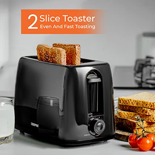 Geepas 2 Slice Bread Toaster with 6 Level Browning Control - Removable Crumb Tray, Cancel Function, Cord Storage & Cool Touch Plastic Housing - 650W, 2 Year Warranty (Black)