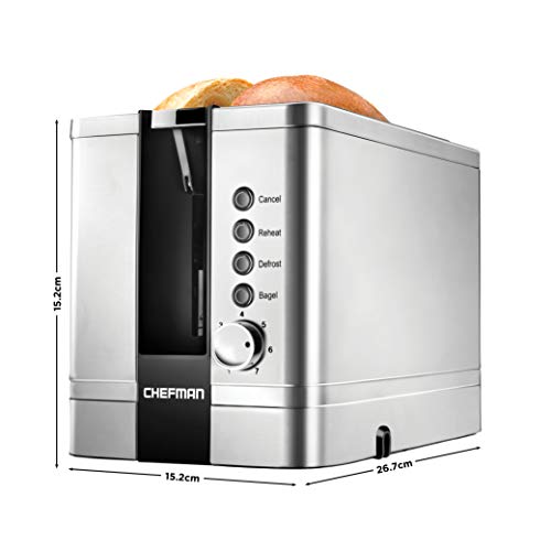 Chefman Stainless Steel 2-Slice Pop Toaster w/ 7 Shade Settings, Extra-Wide Slots for Toasting Bagels, Defrost/Reheat/Cancel Functions, Removable Crumb Tray, Silver, 925 W