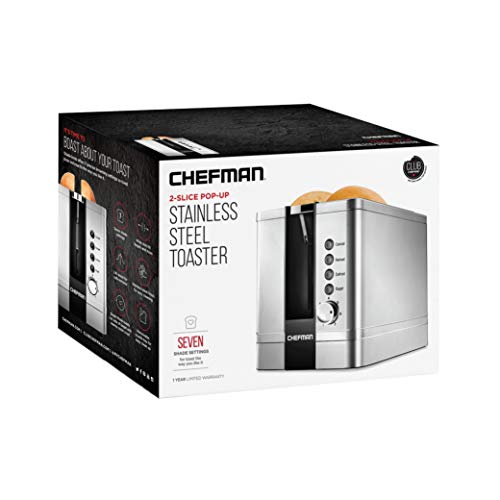 Chefman Stainless Steel 2-Slice Pop Toaster w/ 7 Shade Settings, Extra-Wide Slots for Toasting Bagels, Defrost/Reheat/Cancel Functions, Removable Crumb Tray, Silver, 925 W