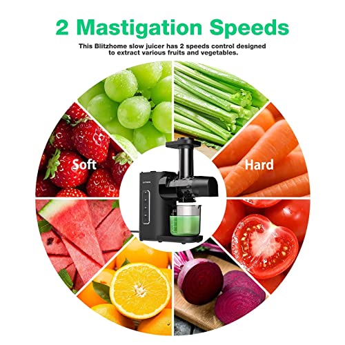 Juicer Machine, BLITZHOME Masticating Juicer 2-Speed Modes Cold Press Juicer 150W Juice Machine for Vegetable and Fruit, with Quiet Motor/Reverse Function/Wide 44mm Feed Chute, Easy to Clean