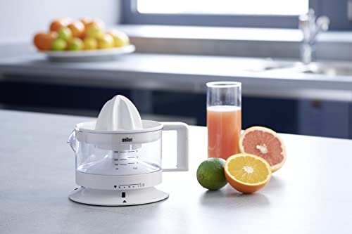 Braun House Hold CJ3000 Electric Citrus Press, 350 ml Bowl with Scale, Adjustable Pulp Control, Automatic Start/Stop, Cable Storage - White