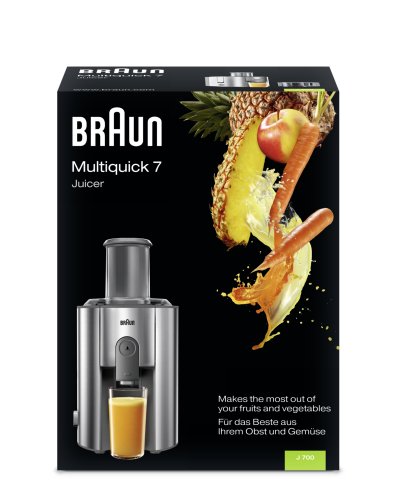 Braun J700 Spin Juicer extractor for whole fruit, citrus & vegetables 1000 Watt, 2 speeds, anti splash spout, 1.25L foam seperating jug, dishwasher safe parts- Stainless steel grey