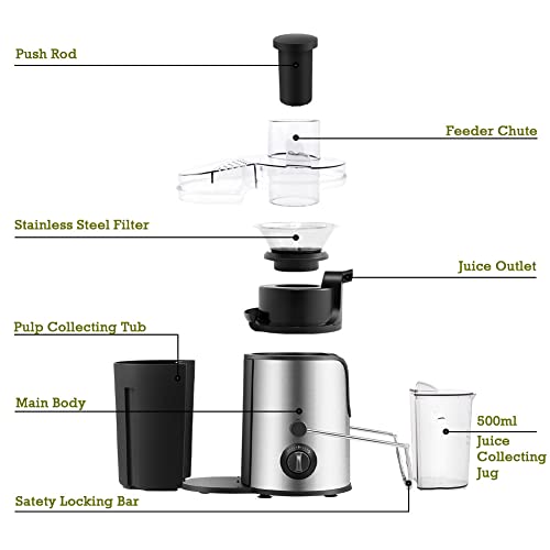 CLIPOP Juicer Machines Electric, Centrifugal Juicers Whole Fruit and Vegetable with Wide Mouth, Easy to Clean Dual Speed Mode Stainless Steel Juice Extractor with Overload Protective System 600W