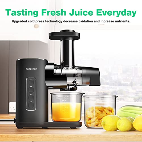 Juicer Machine, BLITZHOME Masticating Juicer 2-Speed Modes Cold Press Juicer 150W Juice Machine for Vegetable and Fruit, with Quiet Motor/Reverse Function/Wide 44mm Feed Chute, Easy to Clean