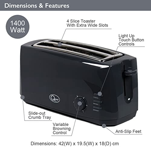 Quest 35069 Extra Wide 4 Slice Long Slot Toaster / Variable Browning Control / Reheat and Defrost / Anti-Jam Function / Crumb Tray and Cord Storage