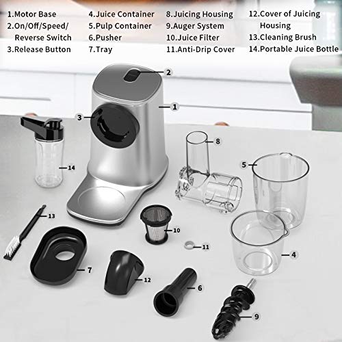 Slow Juicer Masticating Juicer Machine, Masticating Juicers for Vegetables and Fruit, Cold Press Juicer with Dual-Stage Quiet Motor & Reverse Function, Free Cup and Cleaning Brush