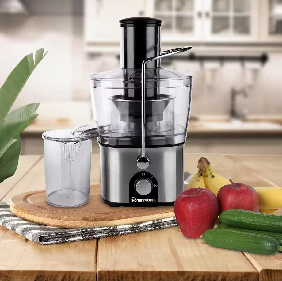 HomeTronix Electric Juicer Fruit Vegetable Citrus Juice Extractor 700W Centrifugal Power Two Speed Whole Fruit Healthy Integrated Juice & Pulp Collectors Easy to Clean Safety Lock, Extra Wide Chute