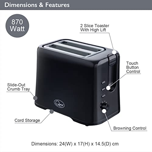 Quest 34289 2 Slice Toaster | Variable Browning Control | Reheat and Defrost | Crumb Tray and Cord Storage Black, 870W