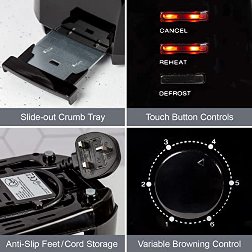 Quest 35069 Extra Wide 4 Slice Long Slot Toaster / Variable Browning Control / Reheat and Defrost / Anti-Jam Function / Crumb Tray and Cord Storage