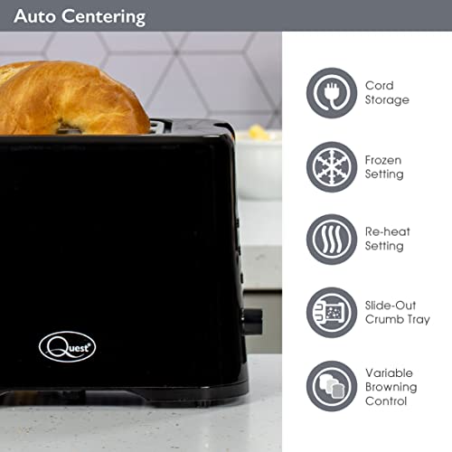 Quest 34289 2 Slice Toaster | Variable Browning Control | Reheat and Defrost | Crumb Tray and Cord Storage Black, 870W