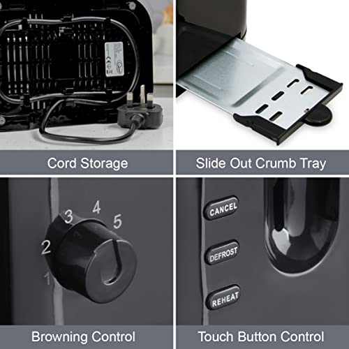 Quest 34289 2 Slice Toaster | Variable Browning Control | Reheat and Defrost | Crumb Tray and Cord Storage Black, 870W