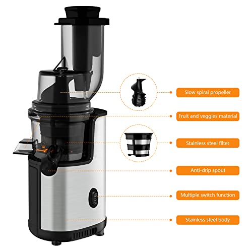Masticating Juicer, Slow Juicer Extractor, Cold Press Juicer Machine with Wide Feeding Chute and Quiet Motor, BPA-Free Easy to Clean with Brush for Fresh Healthy Fruits and Vegetables Juice