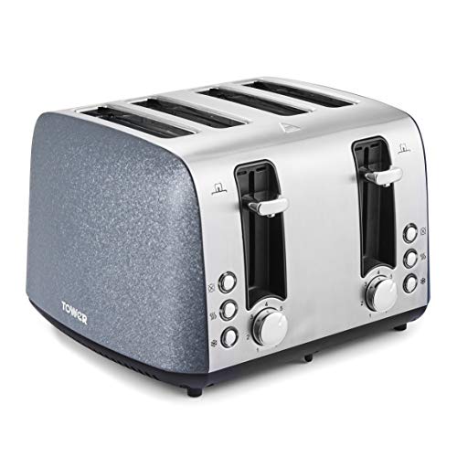 Tower T20053BLU 4 Slice Toaster, Ice Diamond Collection with Reflective Diamond Effect, Defrost/Reheat/Cancel Functions, 1800 W, Steel, Blue
