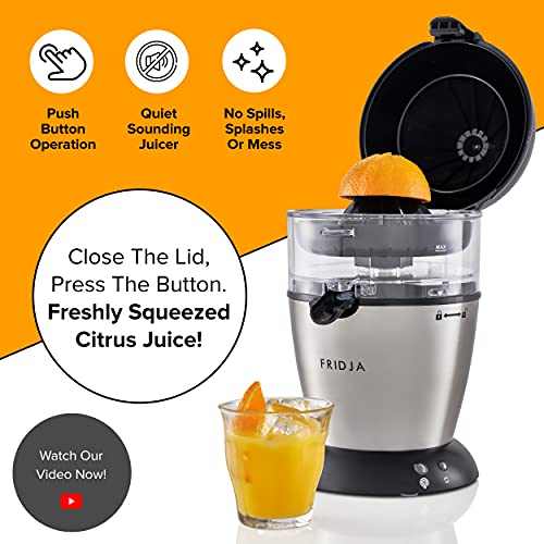 Automatic Citrus Juicer (One Button to Operate) No Spills, No Splashes, Easy Clean. Orange and Grapefruit Squeezer for Freshly Pressed Juice, Stainless Steel, 50 W, 400 milliliters, Fridja f900