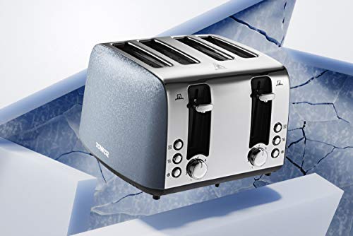 Tower T20053BLU 4 Slice Toaster, Ice Diamond Collection with Reflective Diamond Effect, Defrost/Reheat/Cancel Functions, 1800 W, Steel, Blue
