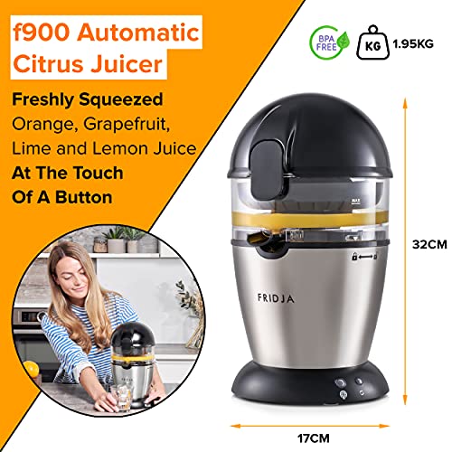 Automatic Citrus Juicer (One Button to Operate) No Spills, No Splashes, Easy Clean. Orange and Grapefruit Squeezer for Freshly Pressed Juice, Stainless Steel, 50 W, 400 milliliters, Fridja f900